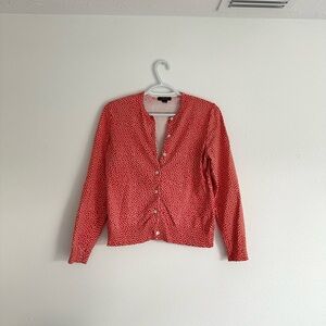Lands' End Petite Small S/P Coral Orange White Polka Dot Cotton Blend Cardigan